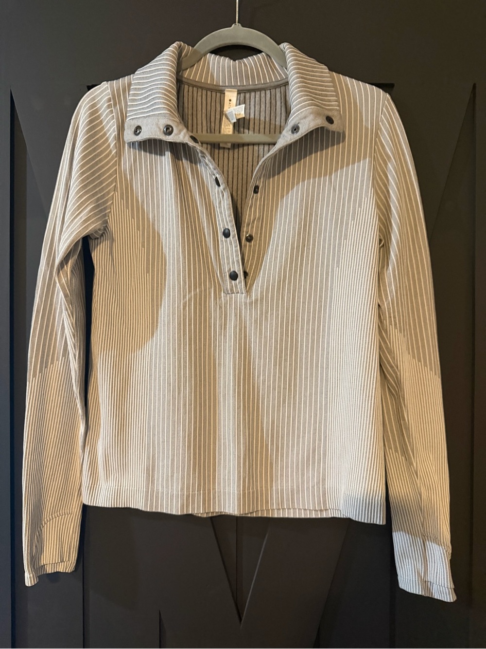 Athleta Beige and White Striped Snap shirt